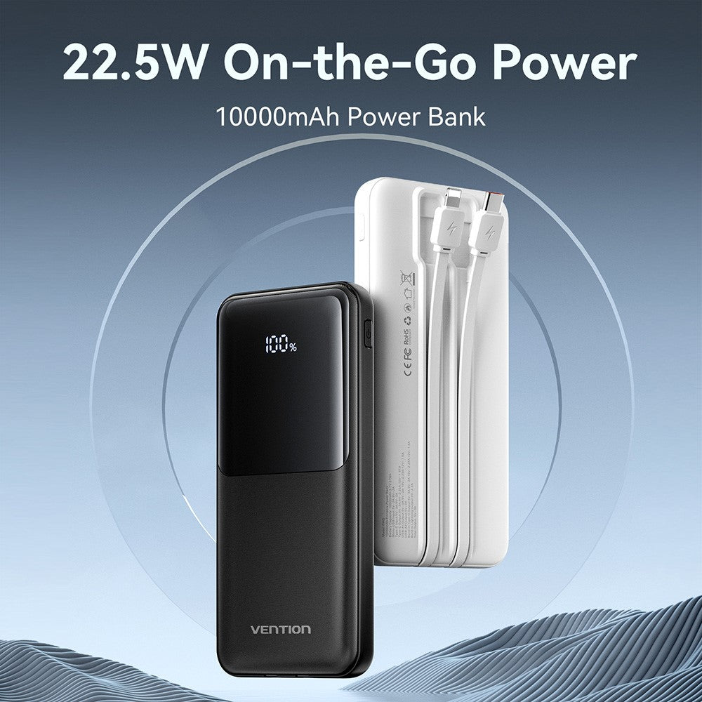 VENTION FHO Series Power Bank 10000mAh 22.5W Digital Display Phone Charger with Built-In USB-C + 8Pin Cable