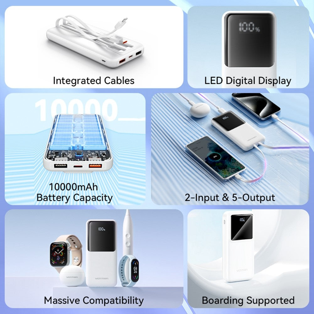 VENTION FHO Series Power Bank 10000mAh 22.5W Digital Display Phone Charger with Built-In USB-C + 8Pin Cable