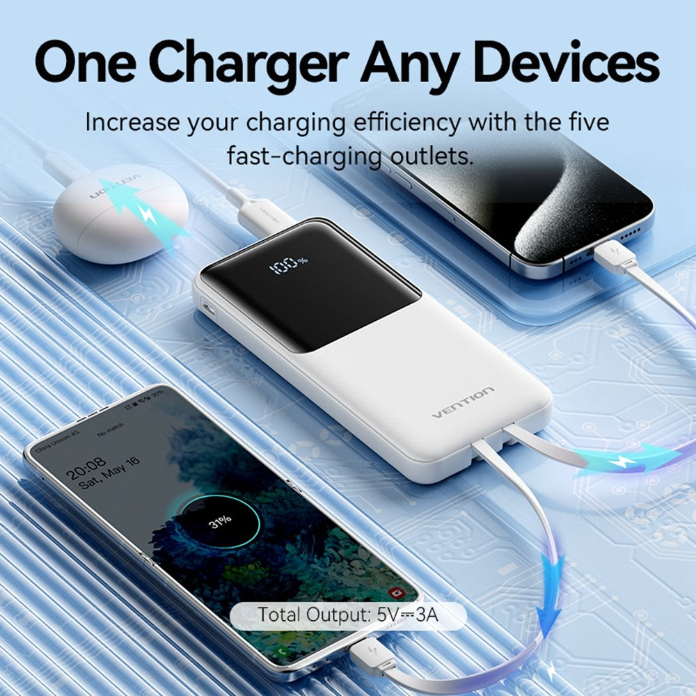 VENTION FHO Series Power Bank 10000mAh 22.5W Digital Display Phone Charger with Built-In USB-C + 8Pin Cable