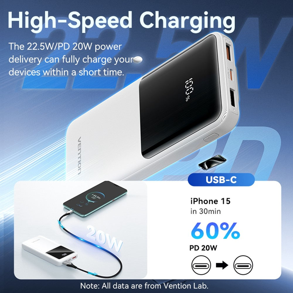 VENTION FHO Series Power Bank 10000mAh 22.5W Digital Display Phone Charger with Built-In USB-C + 8Pin Cable