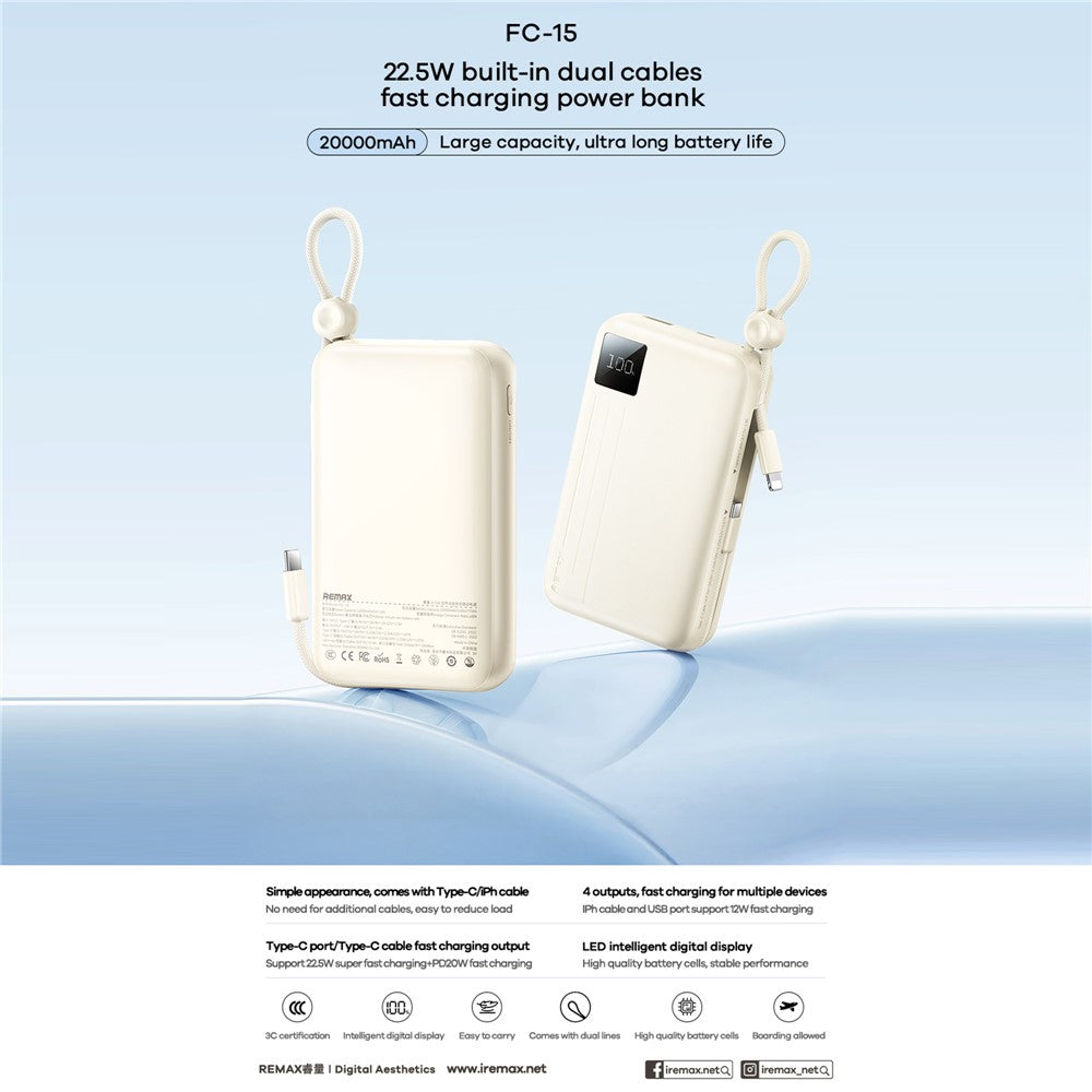 REMAX FC-15 20000mAh Power Bank 22.5W Fast Charging Portable Charger Built-In Dual Cables
