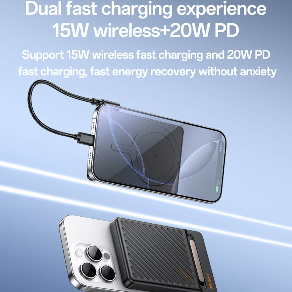 YESIDO YP77 Magnetic Wireless Charging 5000mAh Phone Power Bank with Built-in Cable + Kickstand