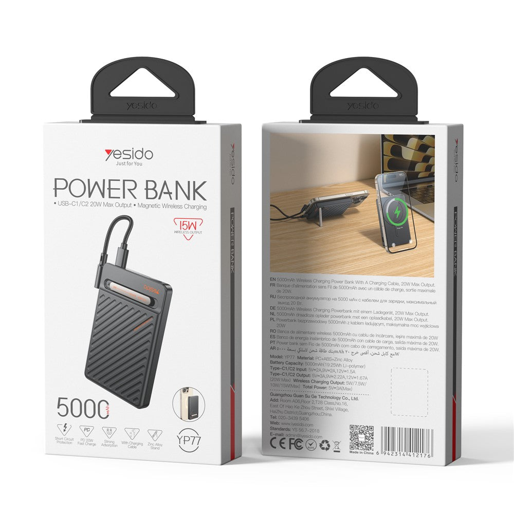 YESIDO YP77 Magnetic Wireless Charging 5000mAh Phone Power Bank with Built-in Cable + Kickstand