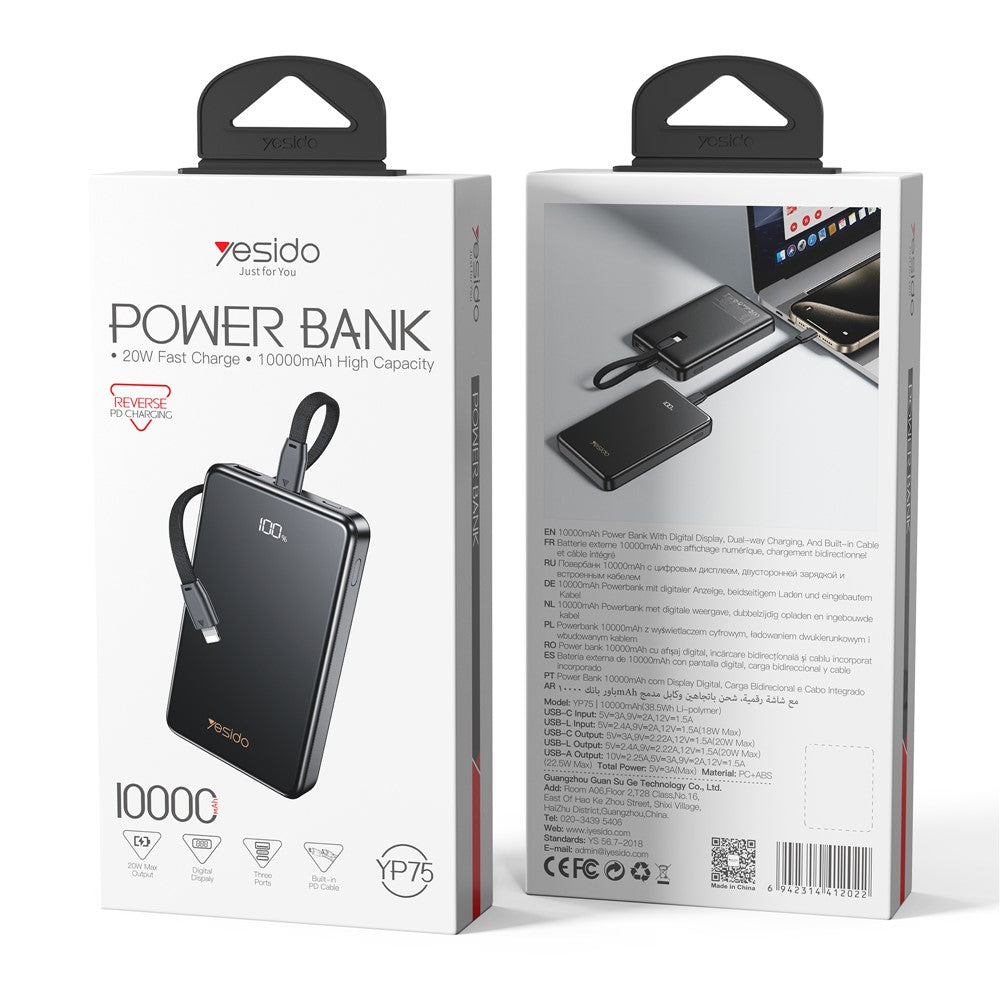 YESIDO YP75 10000mAh Digital Display Portable Charger 22.5W Fast Charging Power Bank Built In iP Cable