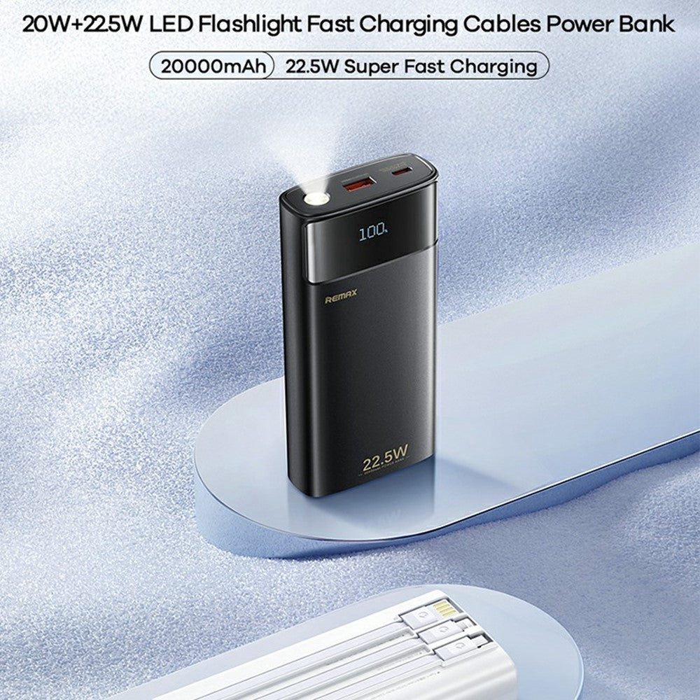 REMAX FC-12 Portable 20000mAh Power Bank Built In Type C  /  USB  /  iP Cables with LED Flashlight