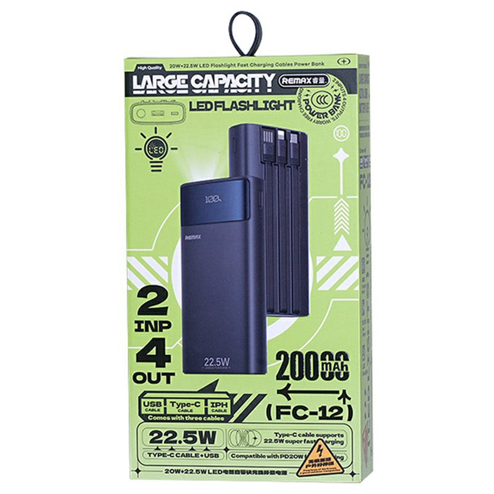 REMAX FC-12 Portable 20000mAh Power Bank Built In Type C  /  USB  /  iP Cables with LED Flashlight