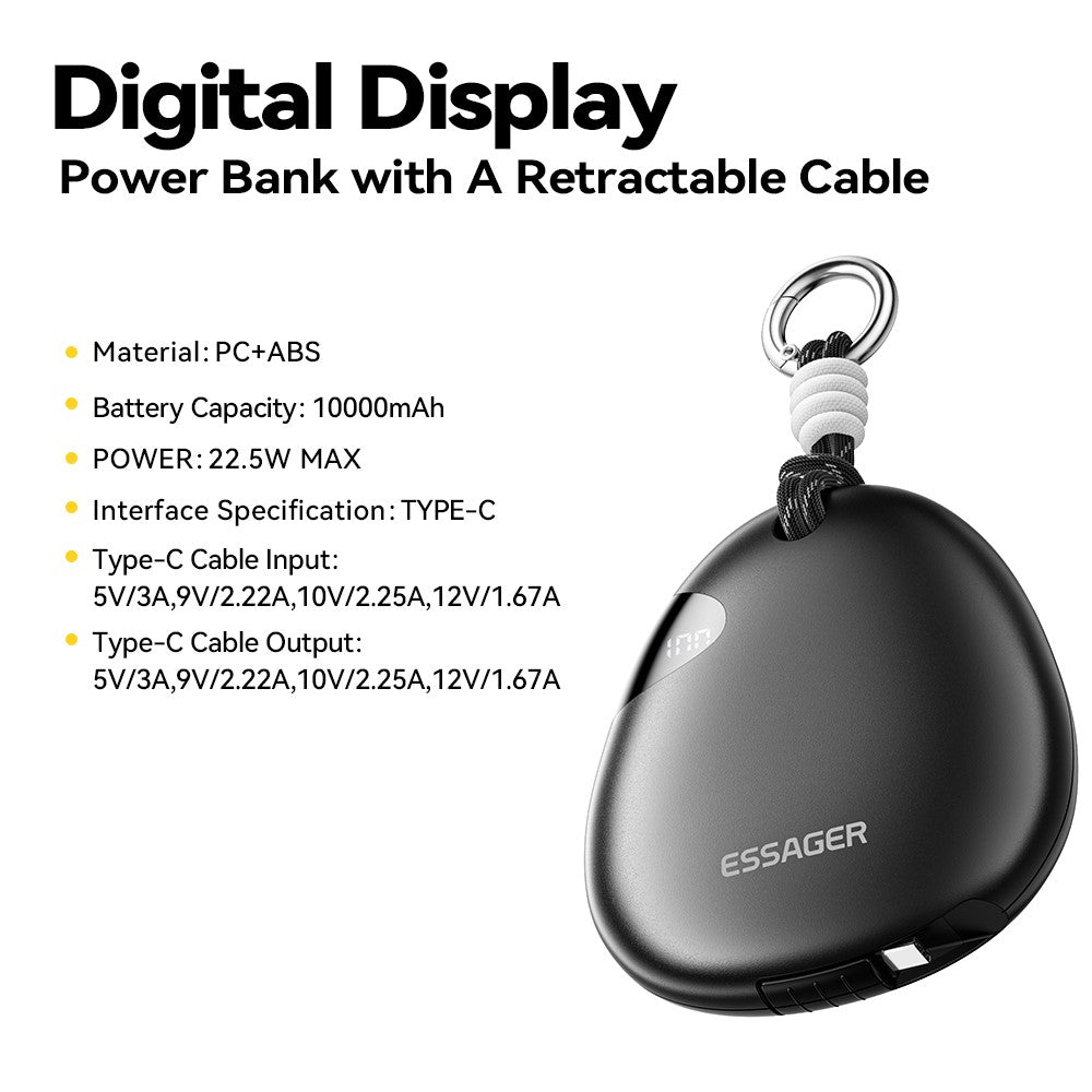 ESSAGER 10000mAh 22.5W Fast Charging Power Bank with Retractable Type-C Cable Large Capacity Battery Pack