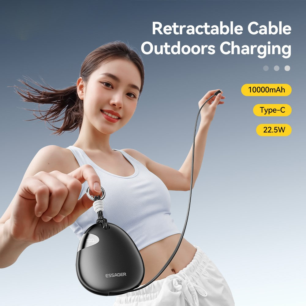 ESSAGER 10000mAh 22.5W Fast Charging Power Bank with Retractable Type-C Cable Large Capacity Battery Pack
