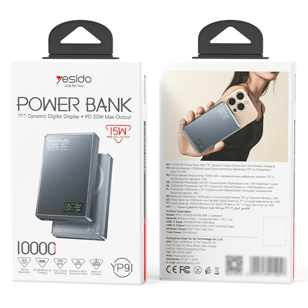 YESIDO YP91 10000mAh 20W PD Fast Charging Power Bank Magnetic Wireless Charger with Dynamic TFT Display