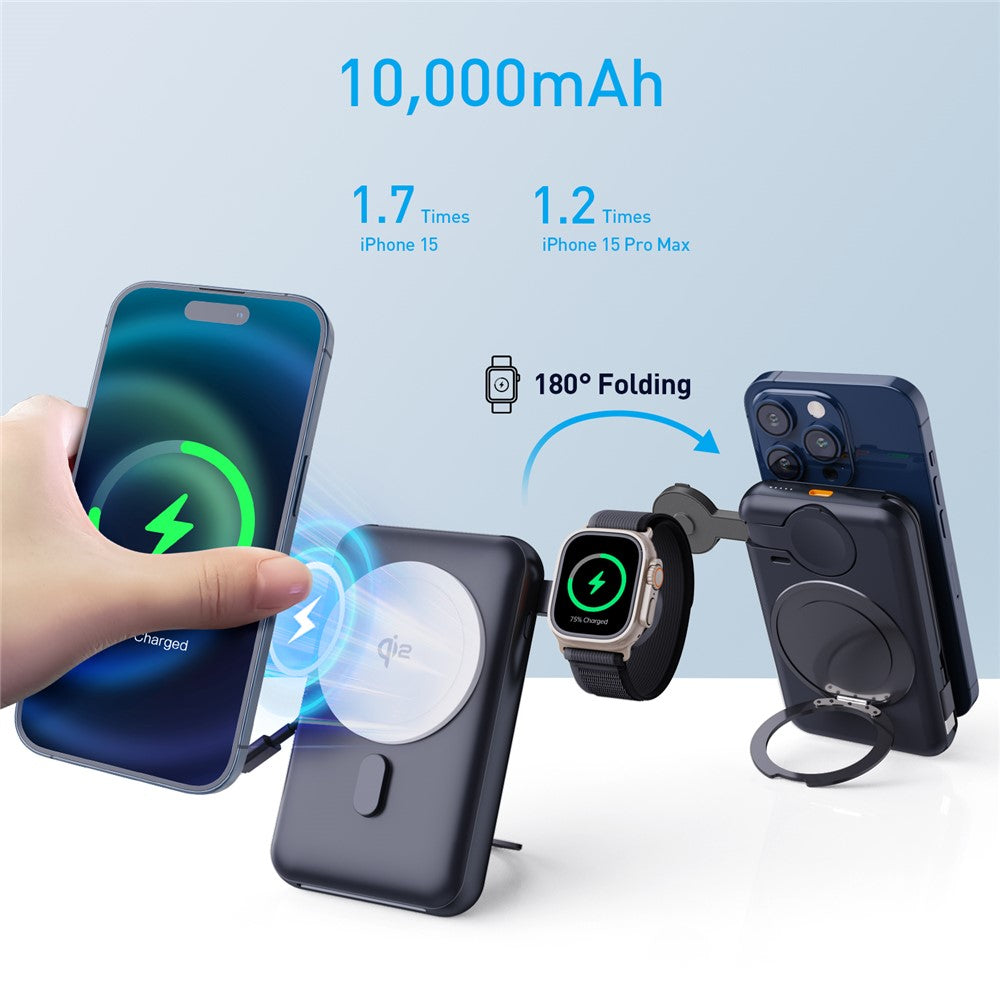MP07 Qi2 10000mAh 3-in-1 Magnetic Power Bank Built-in Cable Wireless Charger for iPhone AirPods Apple Watch
