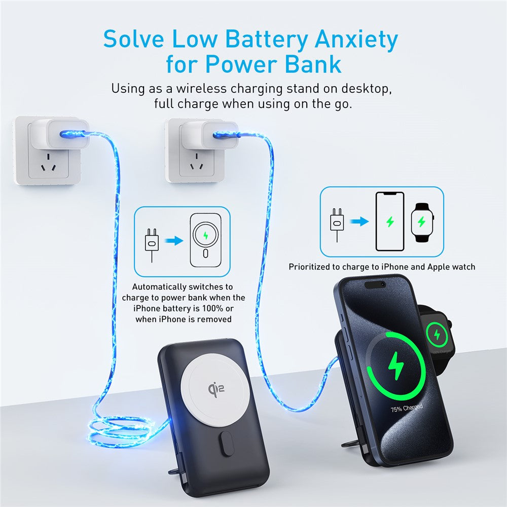 MP07 Qi2 10000mAh 3-in-1 Magnetic Power Bank Built-in Cable Wireless Charger for iPhone AirPods Apple Watch