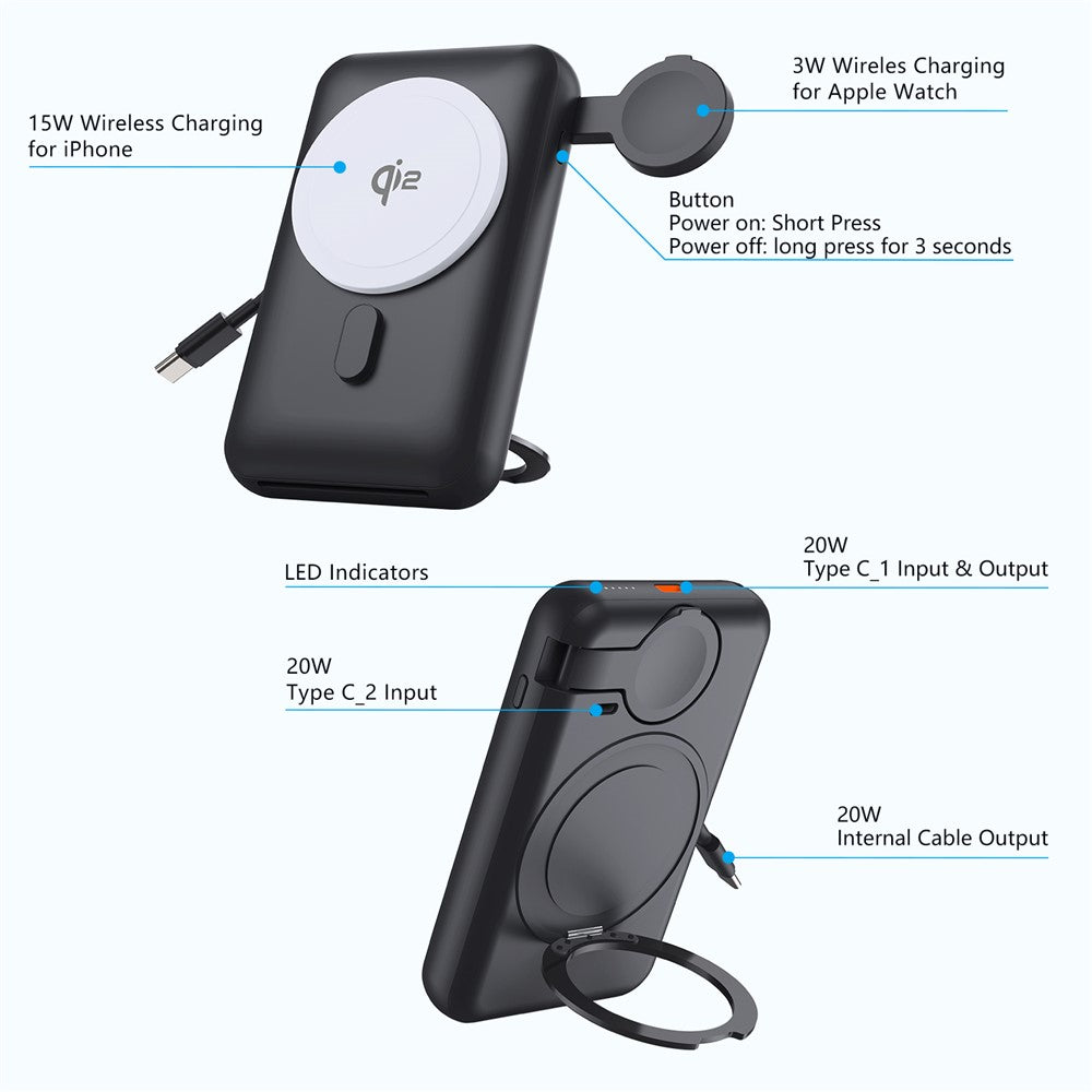 MP07 Qi2 10000mAh 3-in-1 Magnetic Power Bank Built-in Cable Wireless Charger for iPhone AirPods Apple Watch