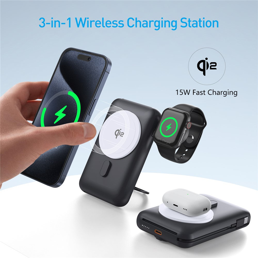 MP07 Qi2 10000mAh 3-in-1 Magnetic Power Bank Built-in Cable Wireless Charger for iPhone AirPods Apple Watch