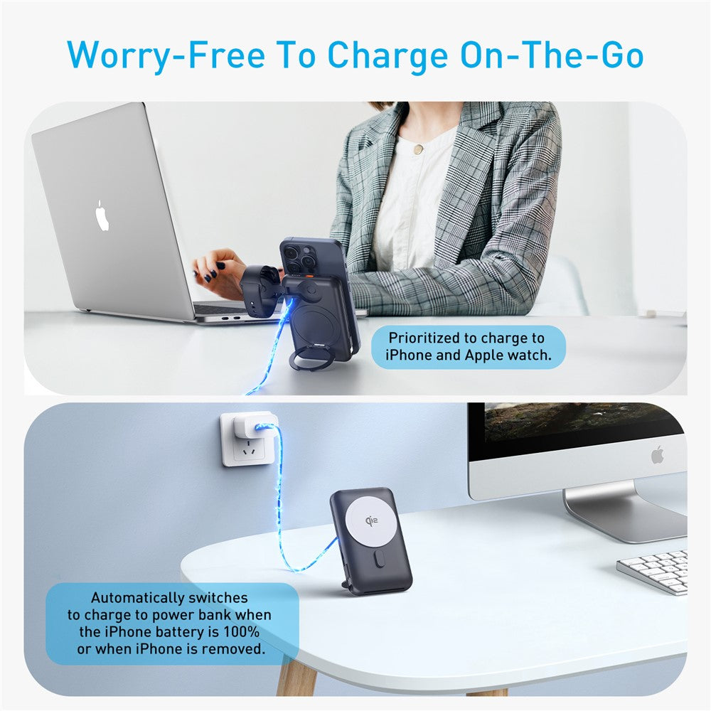 MP07 Qi2 10000mAh 3-in-1 Magnetic Power Bank Built-in Cable Wireless Charger for iPhone AirPods Apple Watch