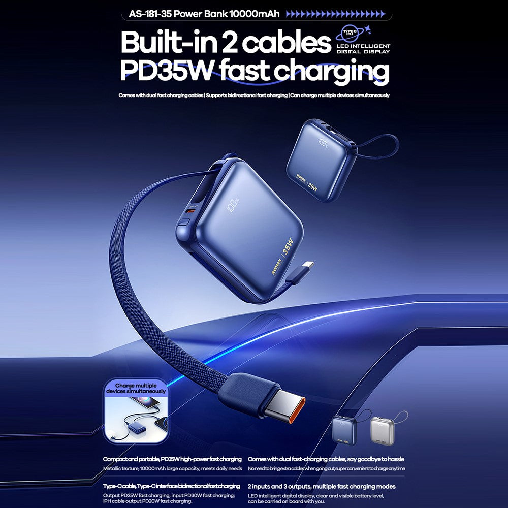 REMAX AS-181-35 Power Bank 10000mAh PD 35W Fast Charging Battery Pack with Built-in Type-C IP Cables