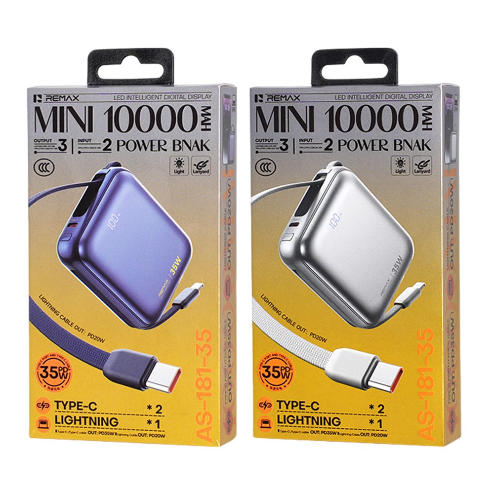 REMAX AS-181-35 Power Bank 10000mAh PD 35W Fast Charging Battery Pack with Built-in Type-C IP Cables
