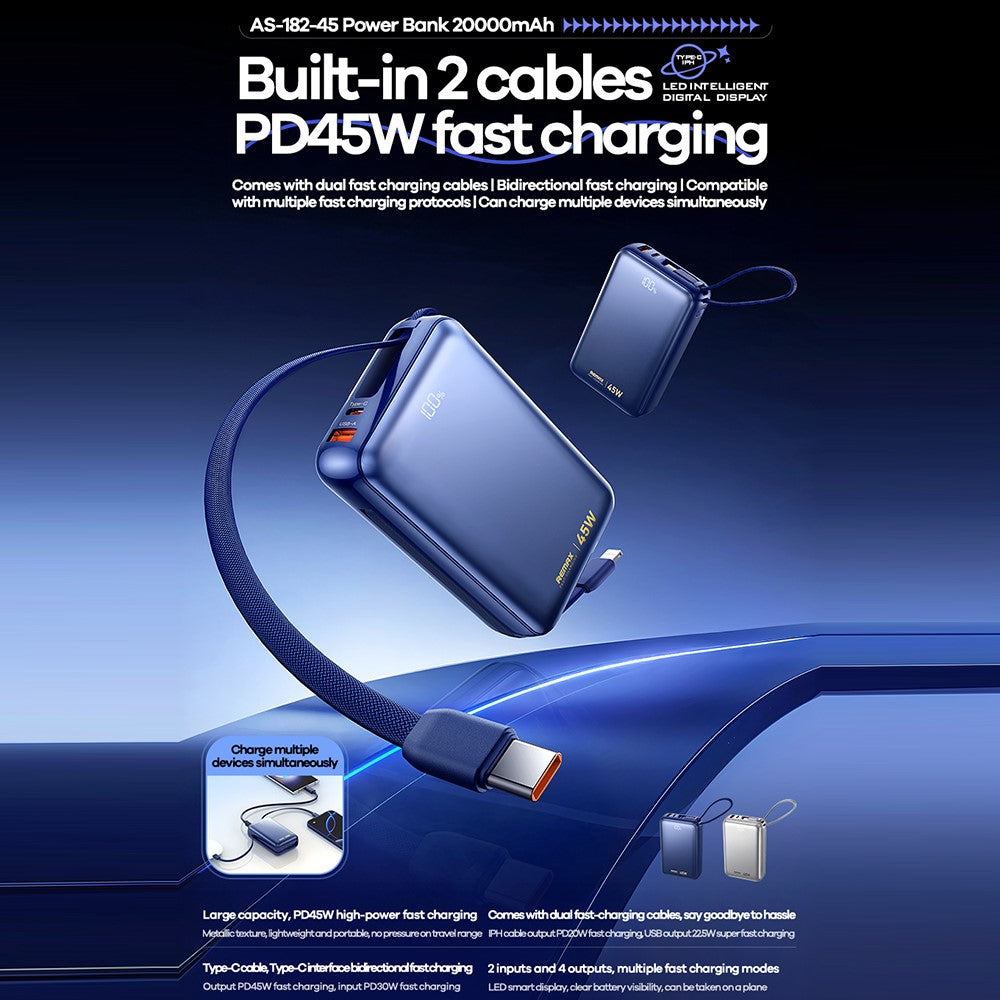 REMAX AS-182-45 Power Bank 20000mAh 45W PD Fast Charging Battery Pack with Built-in Dual Cables