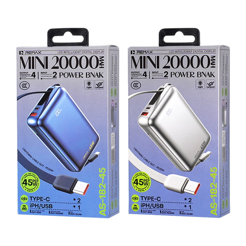 REMAX AS-182-45 Power Bank 20000mAh 45W PD Fast Charging Battery Pack with Built-in Dual Cables