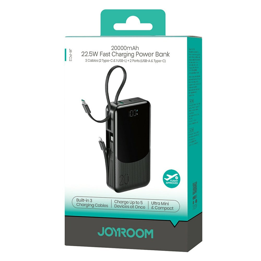 JOYROOM JR-PC2 20000mAh 22.5W Fast Charging Power Bank Built-in 3 Cables Digital Display Portable Charger