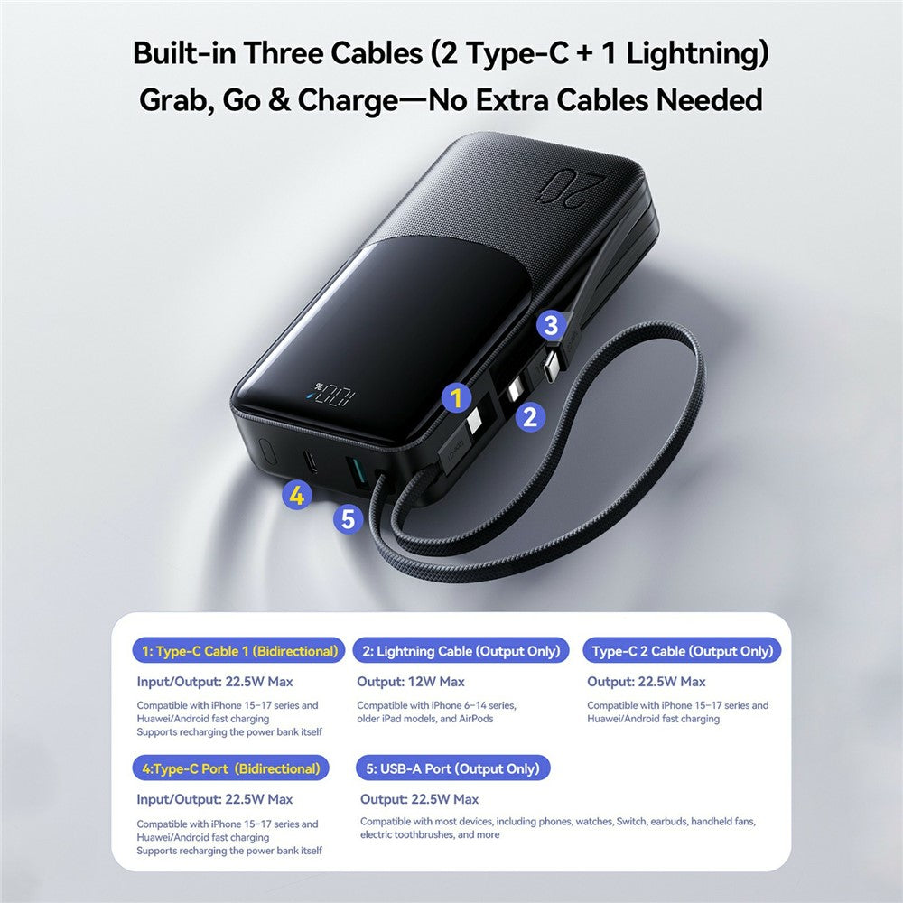 JOYROOM JR-PC2 20000mAh 22.5W Fast Charging Power Bank Built-in 3 Cables Digital Display Portable Charger