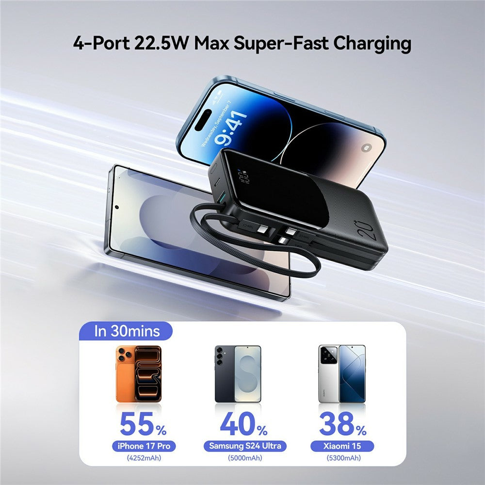 JOYROOM JR-PC2 20000mAh 22.5W Fast Charging Power Bank Built-in 3 Cables Digital Display Portable Charger