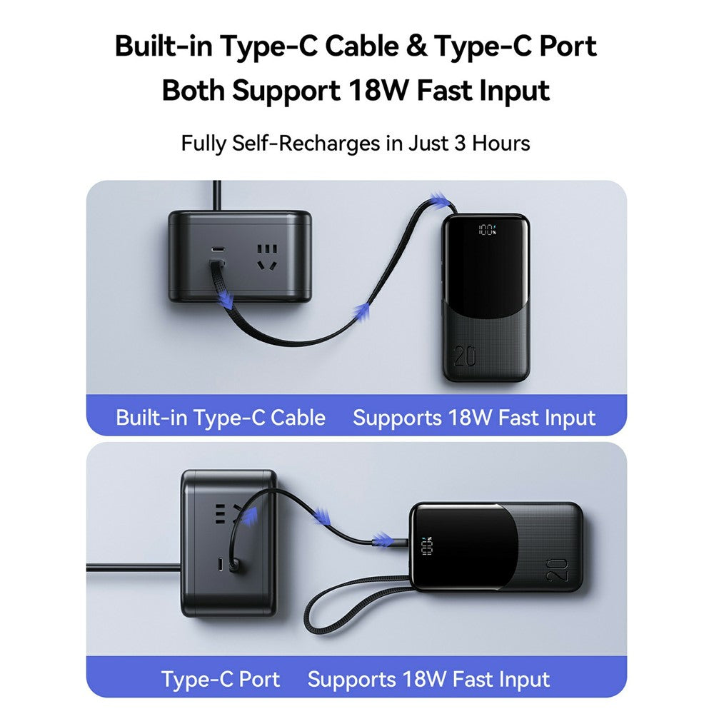 JOYROOM JR-PC2 20000mAh 22.5W Fast Charging Power Bank Built-in 3 Cables Digital Display Portable Charger