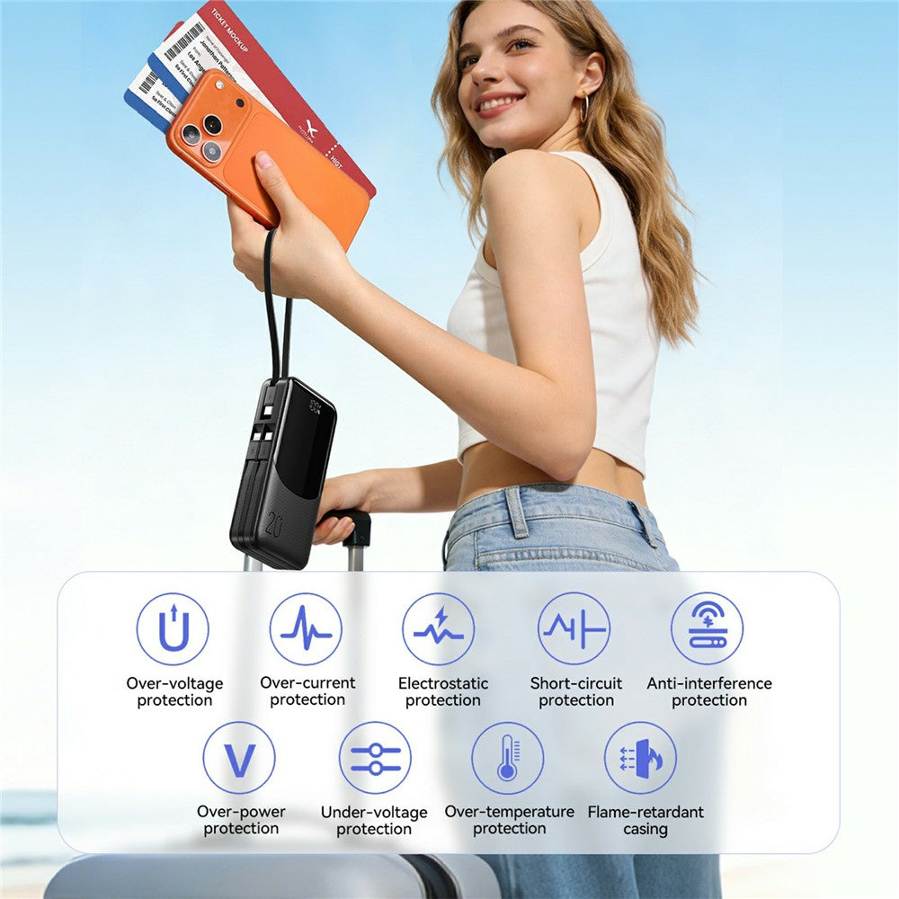 JOYROOM JR-PC2 20000mAh 22.5W Fast Charging Power Bank Built-in 3 Cables Digital Display Portable Charger