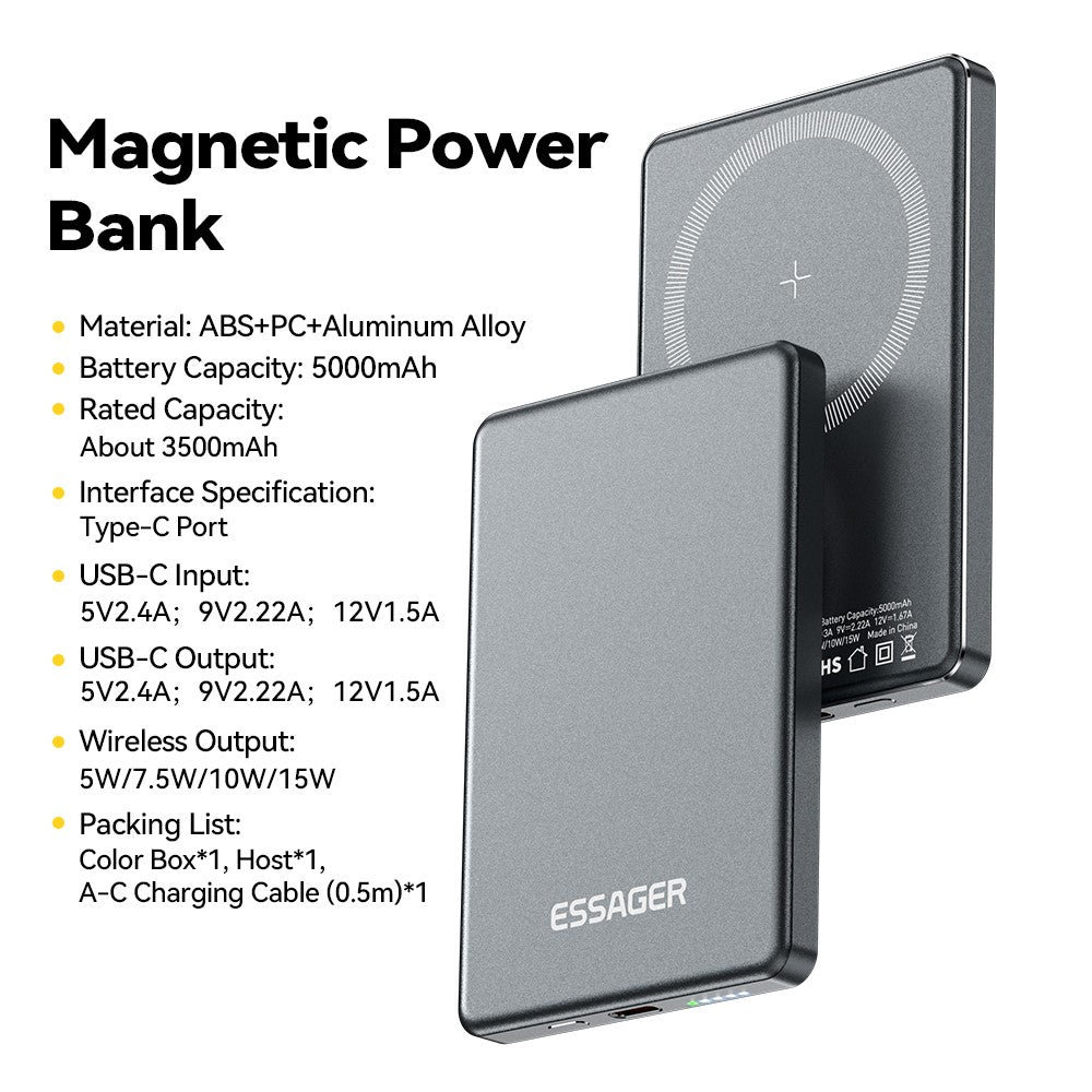 ESSAGER Magnetic Power Bank 5000mAh Ultra Slim Wireless Charging Battery Pack