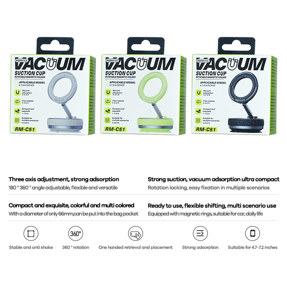 REMAX RM-C51 Multi-Function Vacuum Suction Cup Rotating Magnetic Phone Holder for Car Home Office Travel