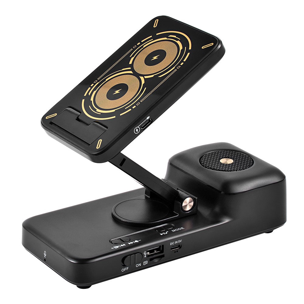 Wireless Charging Stand with Bluetooth Speaker – Adjustable Phone & Tablet Holder