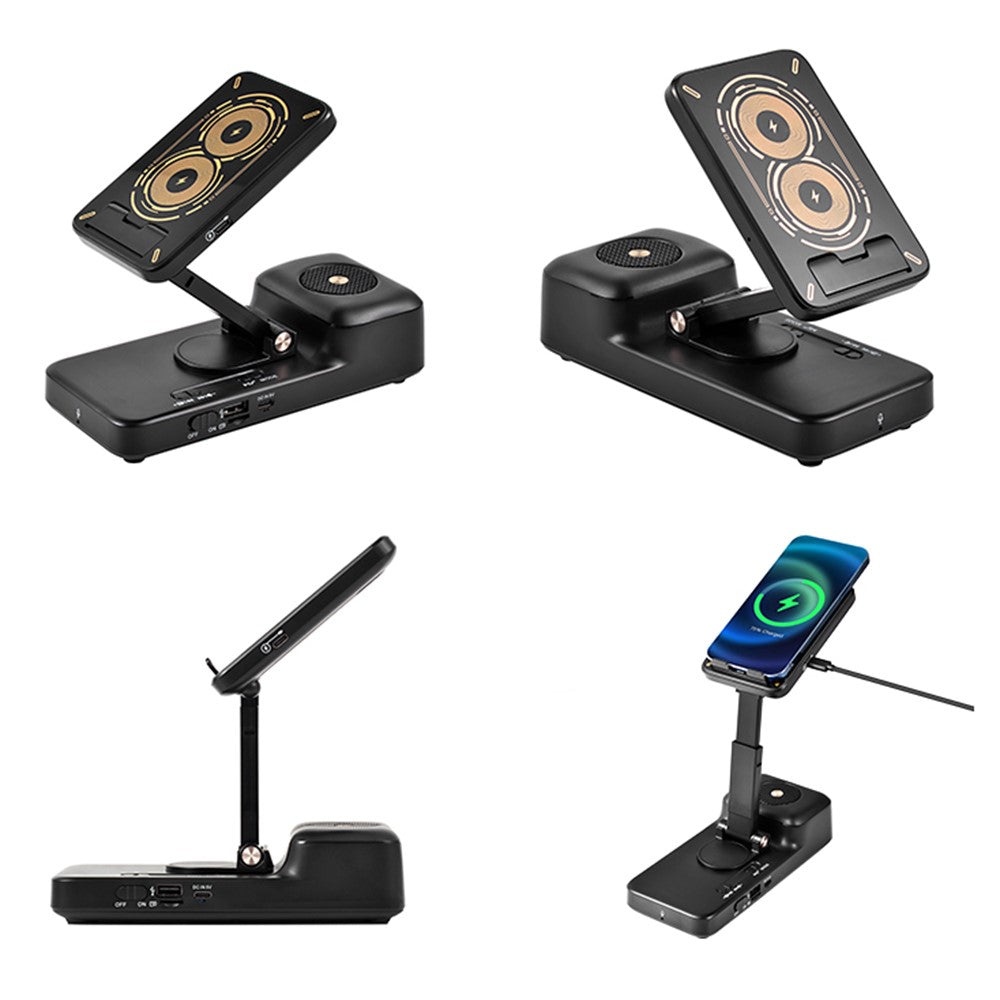 Wireless Charging Stand with Bluetooth Speaker – Adjustable Phone & Tablet Holder