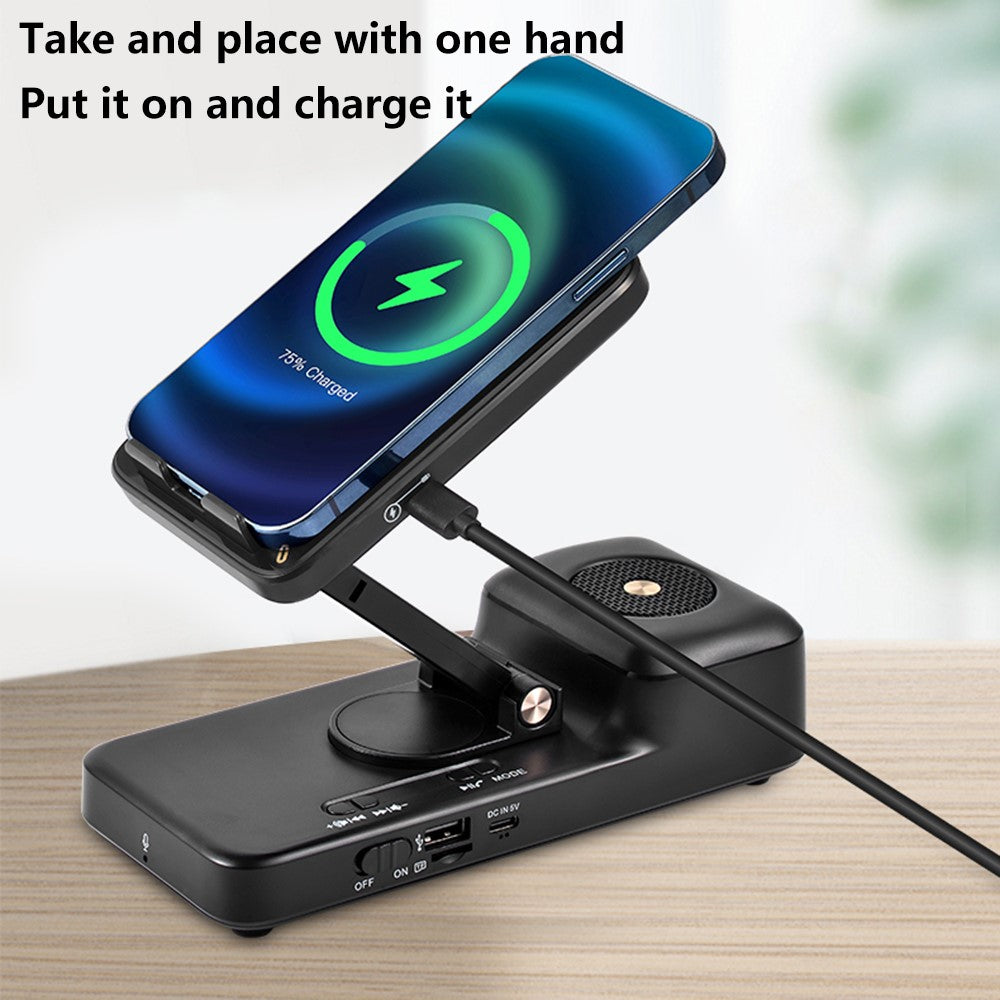 Wireless Charging Stand with Bluetooth Speaker – Adjustable Phone & Tablet Holder