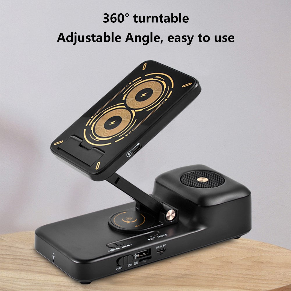 Wireless Charging Stand with Bluetooth Speaker – Adjustable Phone & Tablet Holder
