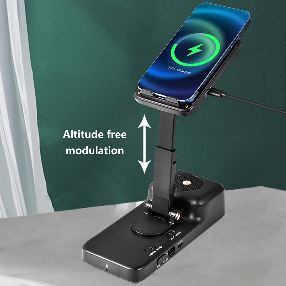 Wireless Charging Stand with Bluetooth Speaker – Adjustable Phone & Tablet Holder