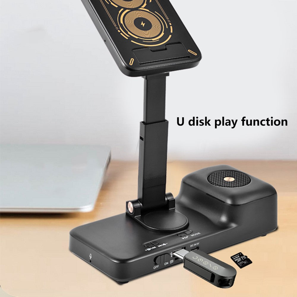 Wireless Charging Stand with Bluetooth Speaker – Adjustable Phone & Tablet Holder