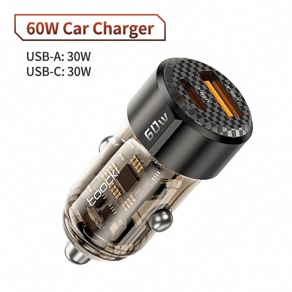 TOOCKI 60W Car Charger – Dual USB-A & USB-C Fast Charging