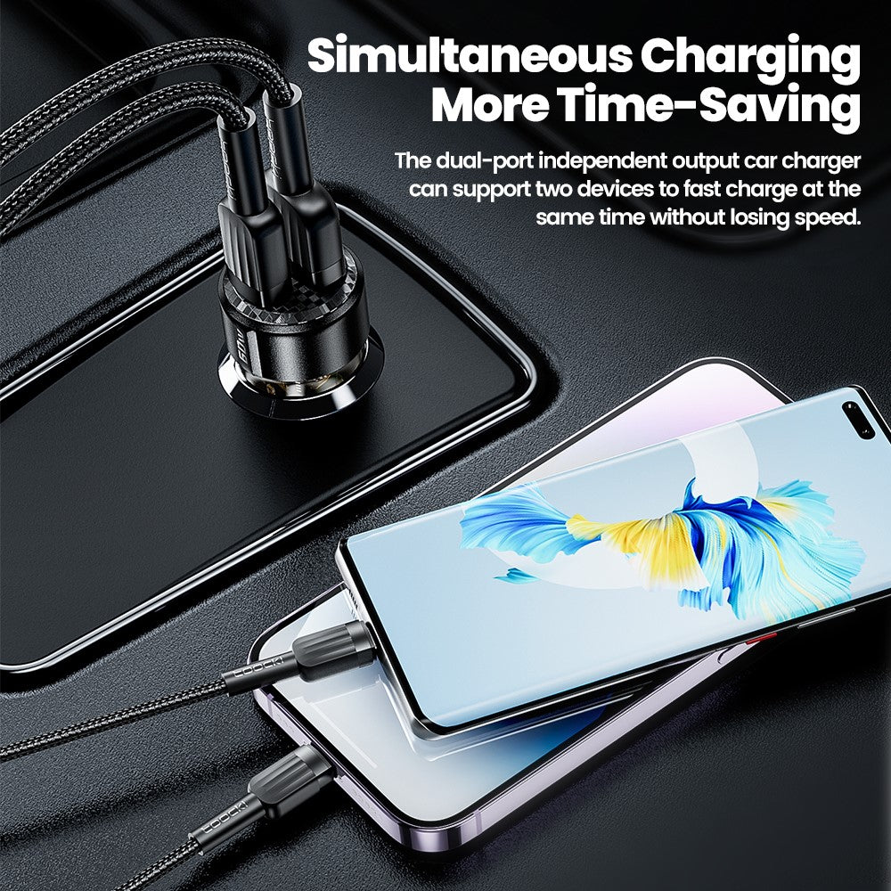 TOOCKI 60W Car Charger – Dual USB-A & USB-C Fast Charging