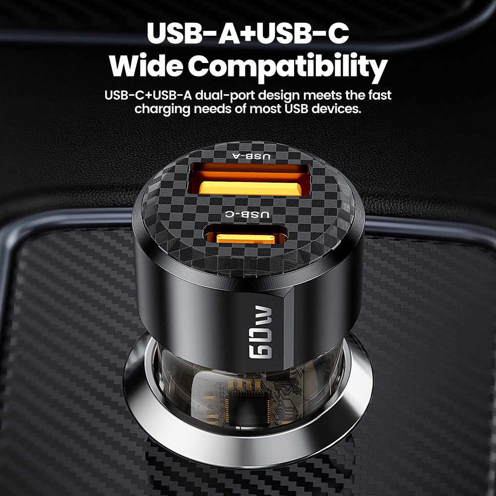 TOOCKI 60W Car Charger – Dual USB-A & USB-C Fast Charging