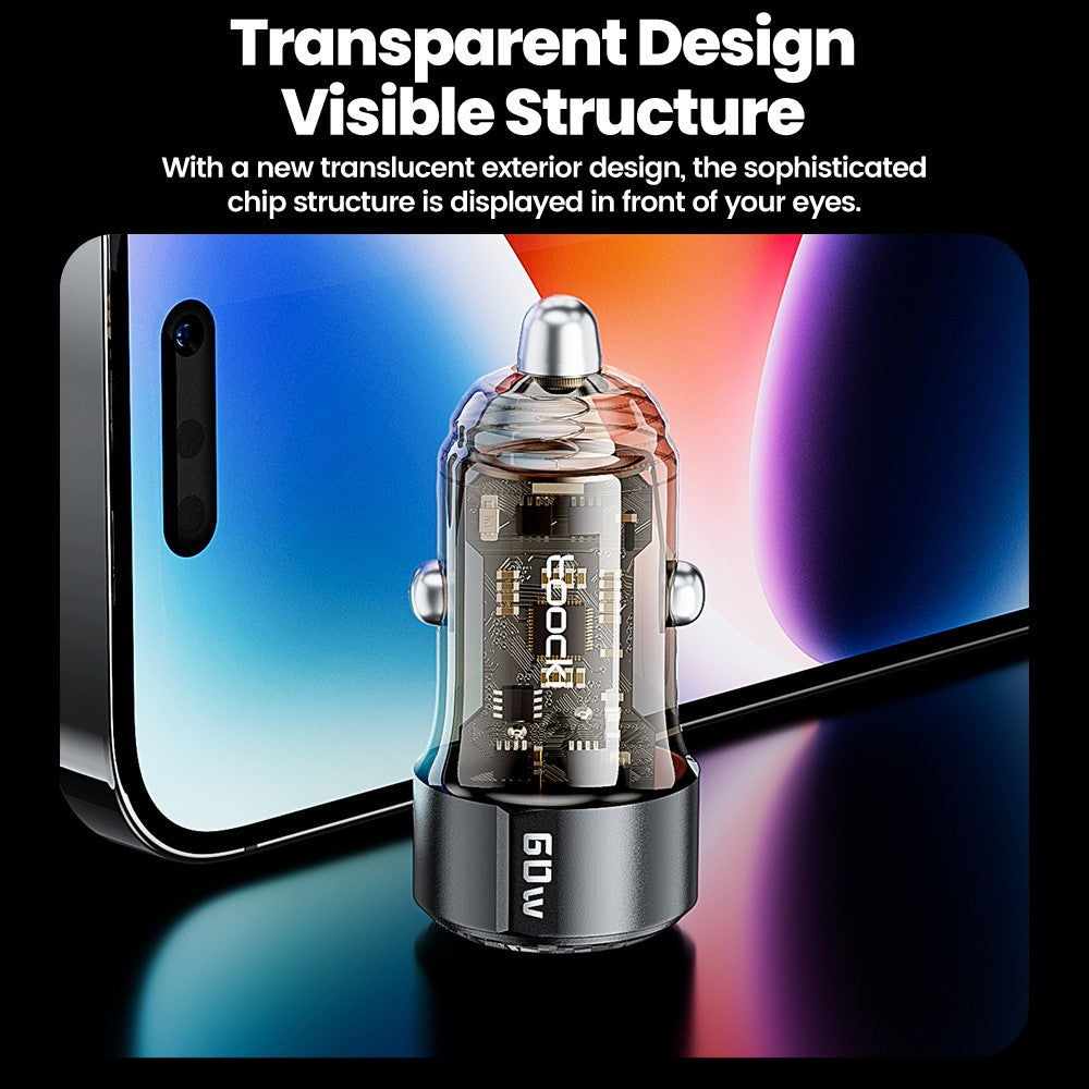 TOOCKI 60W Car Charger – Dual USB-A & USB-C Fast Charging