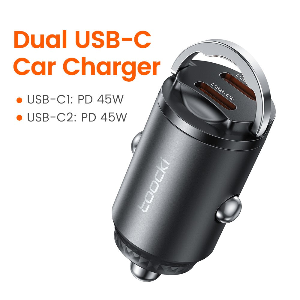 TOOCKI Dual USB-C Car Charger – 45W Fast Charging with Pull Ring