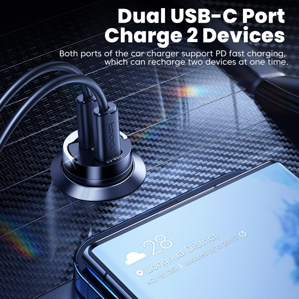 TOOCKI Dual USB-C Car Charger – 45W Fast Charging with Pull Ring