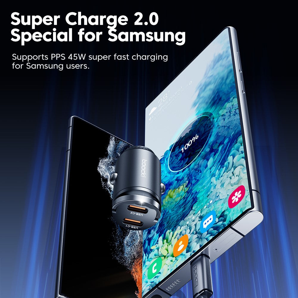 TOOCKI Dual USB-C Car Charger – 45W Fast Charging with Pull Ring