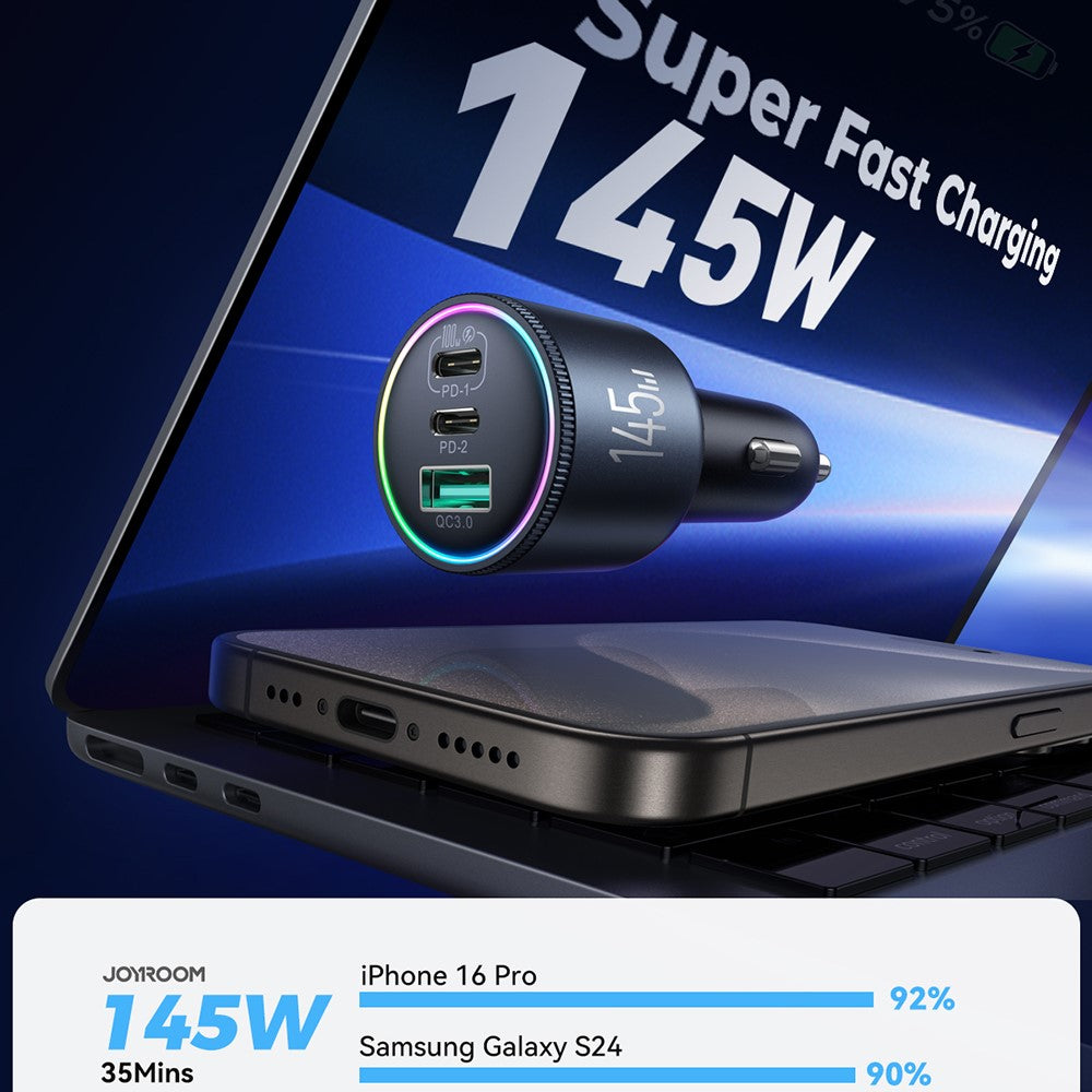 JOYROOM JR-CCN07 145W Super Fast Charging 3-Port Car Charger 2 Type-C + USB Car Charger Set with Type-C to Type-C Data Cable