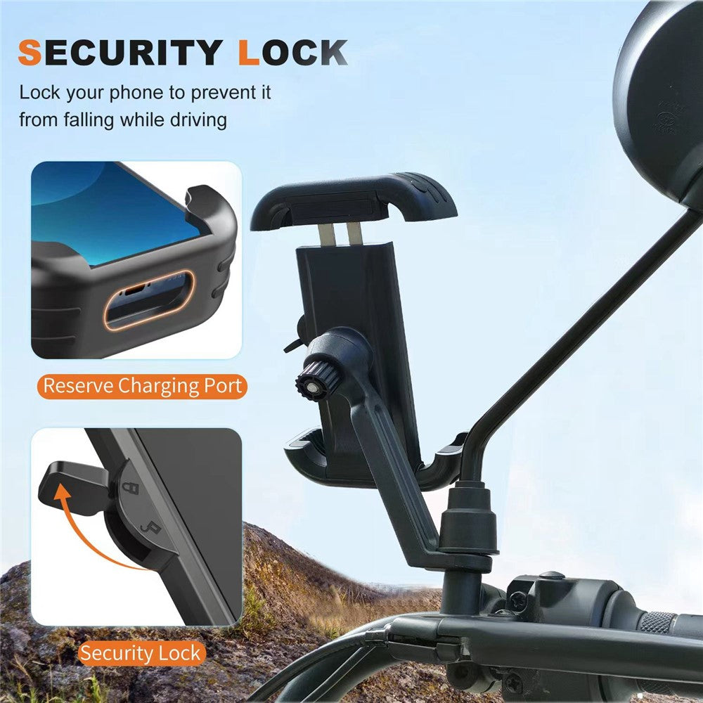 HLT-152B Motorcycle Handlebar Rearview Mirror Phone Holder Mount Bike Phone Clamp Scooter Phone Clip for 4.7-6.8 Inch Phones