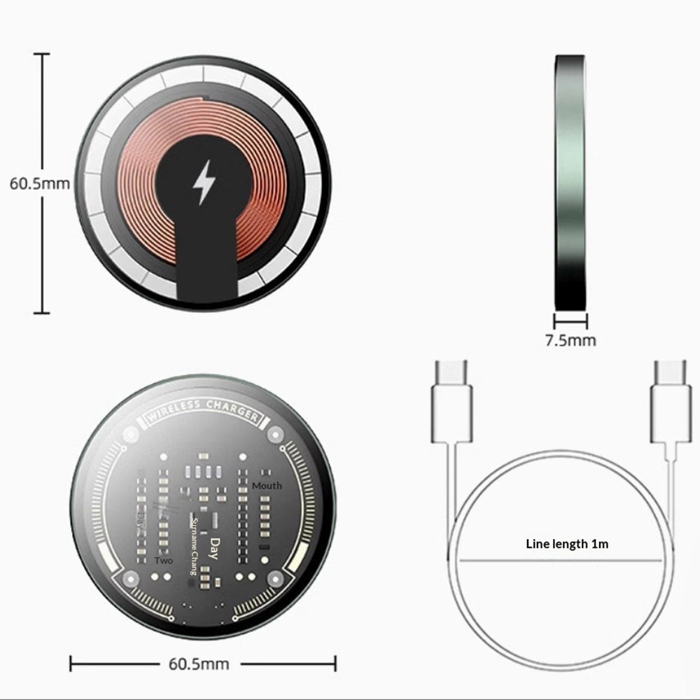 Transparent Industrial-Style Wireless Charger – Tempered Glass & Aluminum, 15W Fast Charging