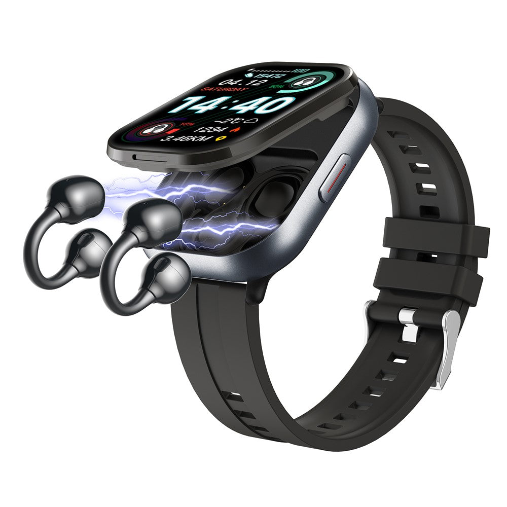 D12 2 in 1 Bluetooth-compatible Earbuds Smart Watch Health Monitoring Fitness Tracker 2.01 Inch TFT Screen Wristwatch, Silicone Strap