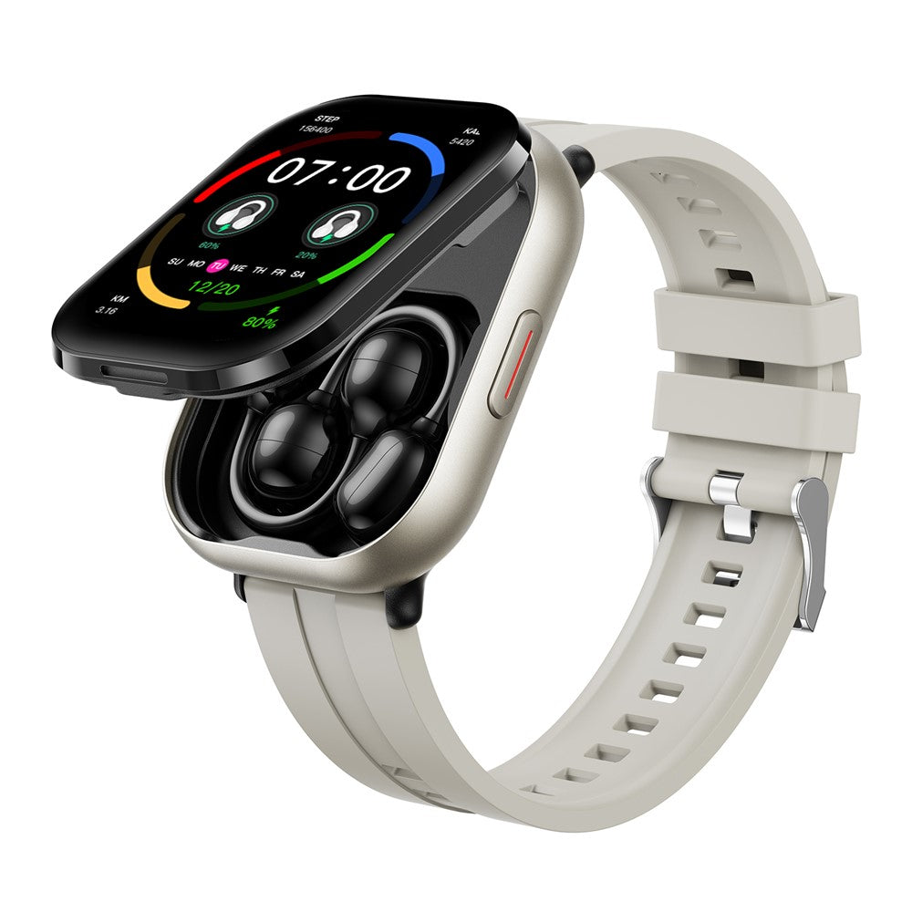 D12 2 in 1 Bluetooth-compatible Earbuds Smart Watch Health Monitoring Fitness Tracker 2.01 Inch TFT Screen Wristwatch, Silicone Strap