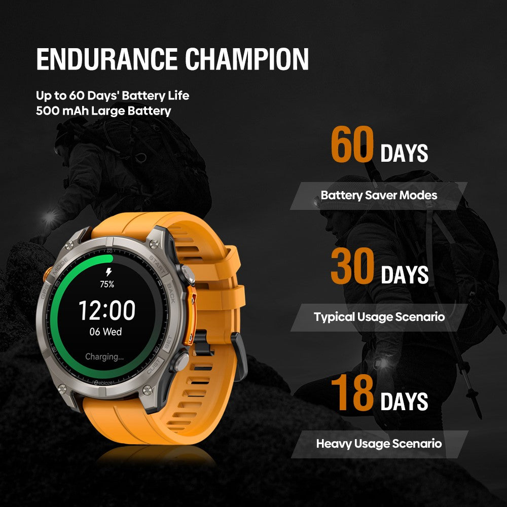 ZEBLAZE Stratos 4 1.43 Inch AMOLED Smart Watch GPS Tracking Sports Bracelet with Flashlight Health Monitoring for Outdoor Activities