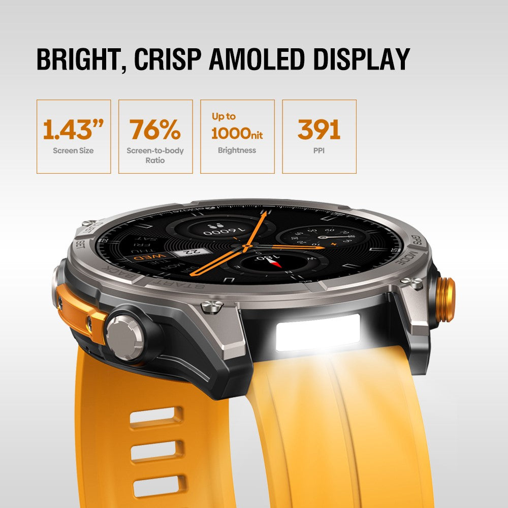 ZEBLAZE Stratos 4 1.43 Inch AMOLED Smart Watch GPS Tracking Sports Bracelet with Flashlight Health Monitoring for Outdoor Activities