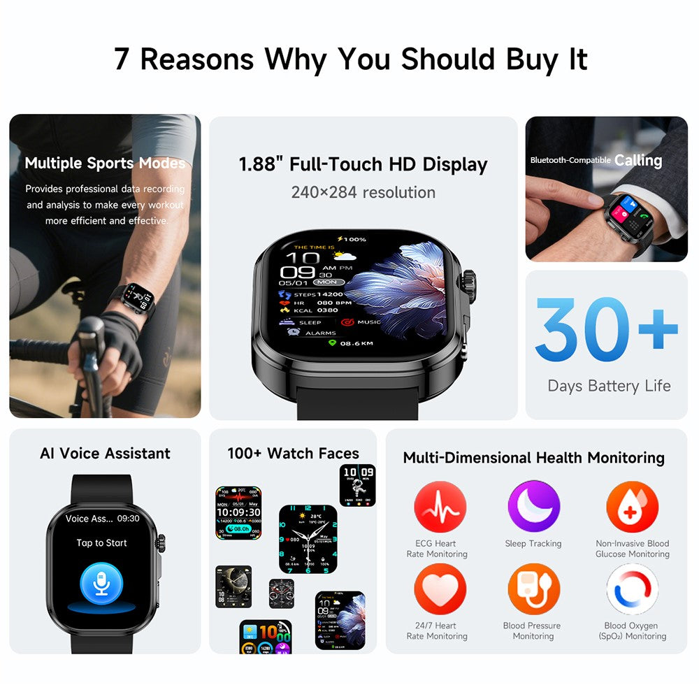 GE52 Smart Watch 1.88 Inch HD Screen ECG Heart Health Monitor Bluetooth-compatible Calling Fitness Tracker